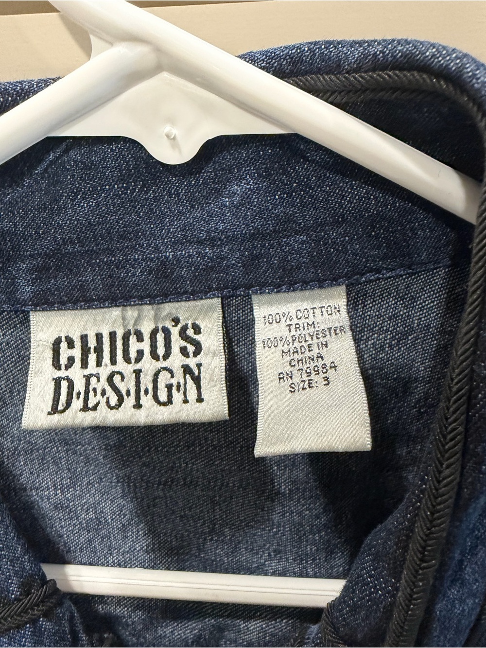 Chico's design Blue Denim Jacket with Black Embroidery Trim - Picture 4 of 4